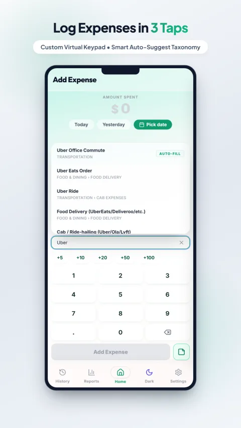 My Expenses Tracker's quick-add screen with a numeric keypad and quick amount buttons